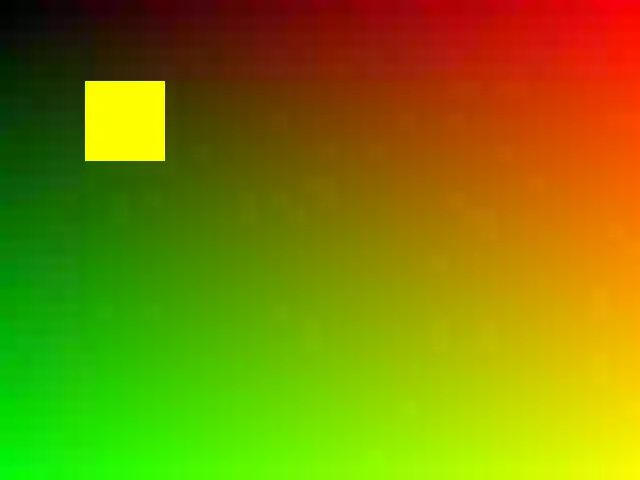 A test pattern of color gradients with a yellow square, decoded from the fake duck's synthetic WebRTC camera stream