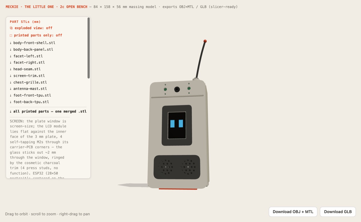 3D design render of the Little One: a small cream-colored robot with a dark screen showing blue eyes, a charcoal chest grille, and a thin antenna with a red tip