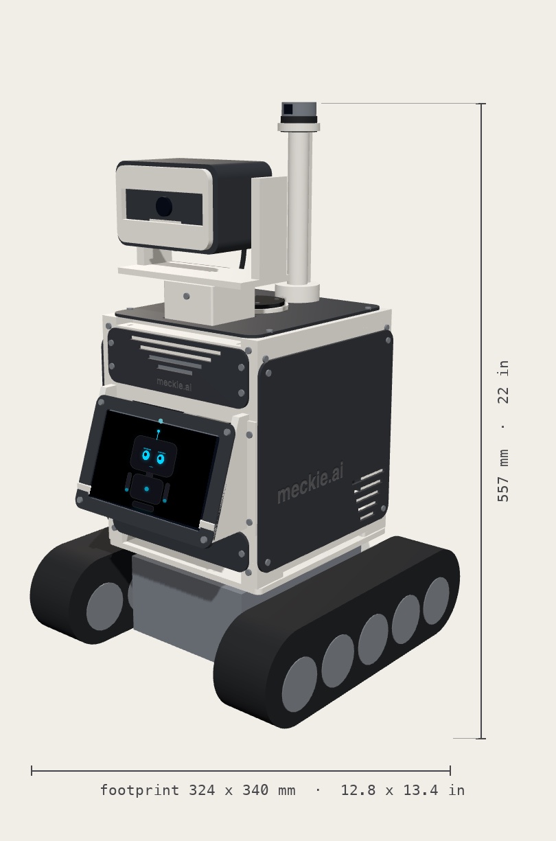 The Meckie founding build: tracked base, charcoal panels over a white printed scaffold, 7-inch belly screen showing its face, pan-tilt camera head, and sensor mast