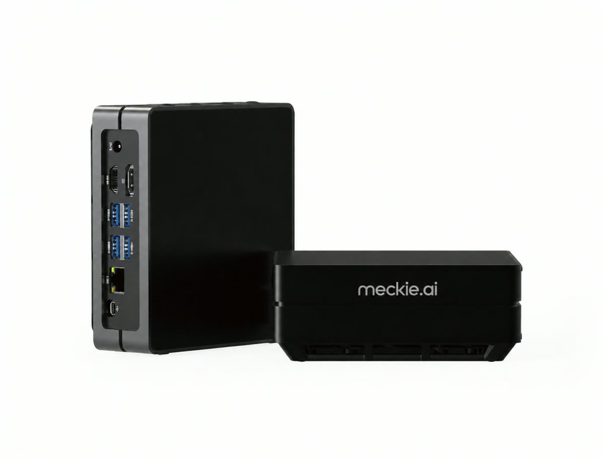 The Meckie Home Server: a small black box with the meckie.ai mark