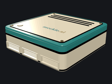 The Meckie Server, a compact home server in cream and turquoise